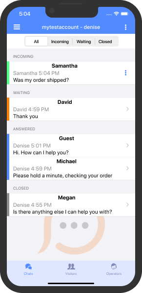 Lista de chats que o operador está lidando atualmente Lista dos chats atuais do operador