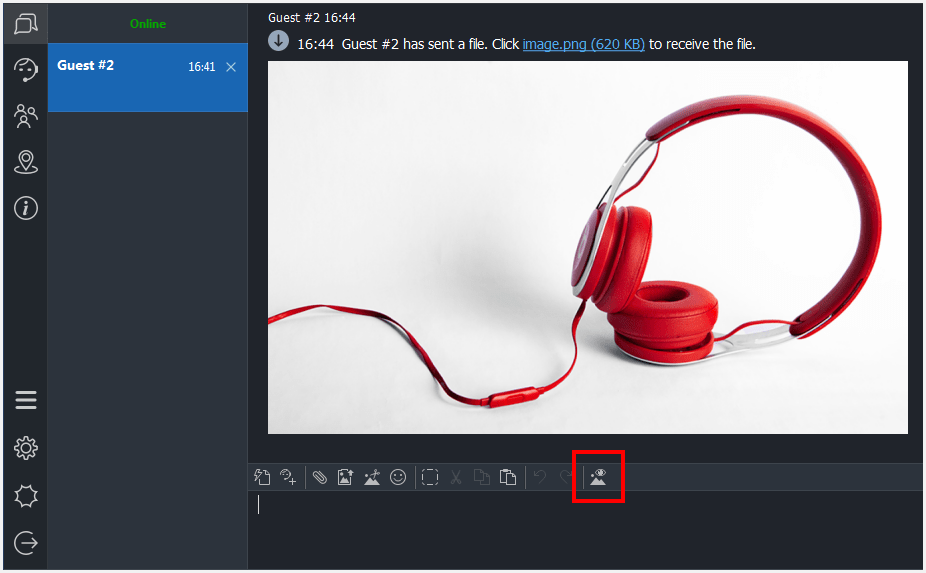 Images preview is available in the live chat window and in both browser and native agent apps Image preview and toolbar in the native operator console