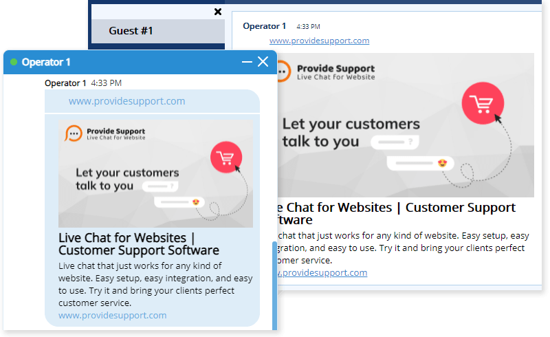Optional web links preview is available in the live chat window and browser agent app Web link preview in the live chat window