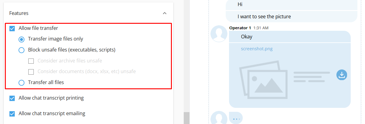 Choose the file transfer limitations best fitting your business Screenshot of live chat admin panel with file transfer options