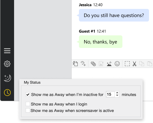 Habilite a opção de detecção de inatividade para nunca perder um chat em um computador inativo O aplicativo pode mudar o status do agente para ausente em certos eventos