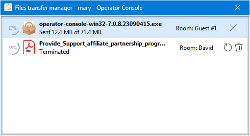 Send files to your customers right from the agent chat app File Transfer Manager window in Live Chat Agent App