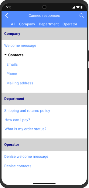 Crie um conjunto de respostas predefinidas e use-as para economizar tempo de digitação em celulares Tela de respostas automáticas no aplicativo de chat Android