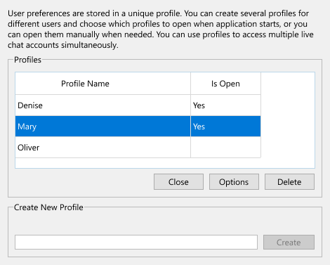 Crie perfis de agente separados no aplicativo desktop para trabalhar com várias contas de chat simultaneamente Gerencie várias contas de chat de um aplicativo de operador