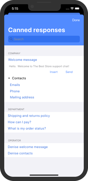 Lista de respostas predefinidas no aplicativo de live chat para iOS