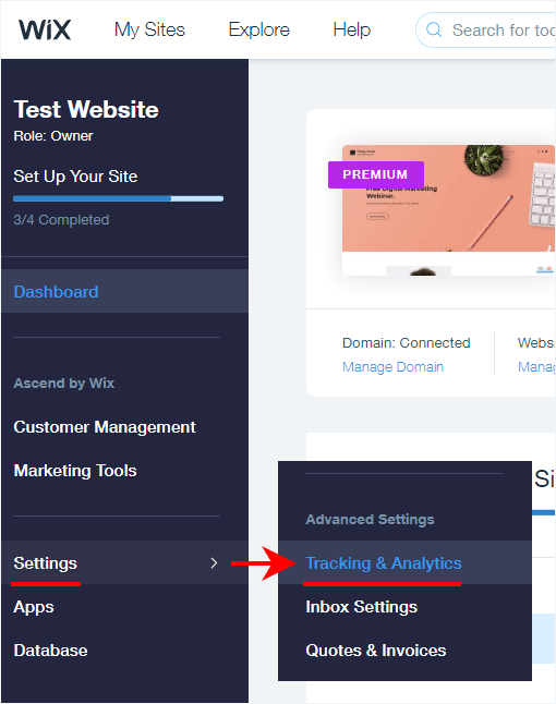 How to open Wix Tracking & Analytics settings Wix Tracking & Analytics tools