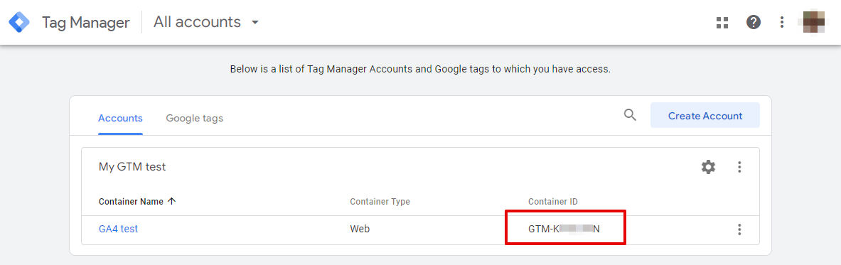 Screenshot of GTM account start screen with the container ID highlighted