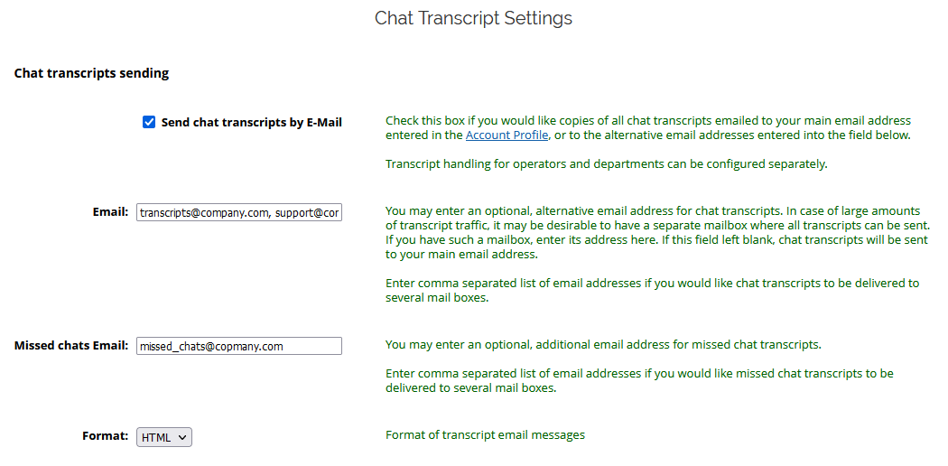 Screenshot of company-level chat transcripts settings