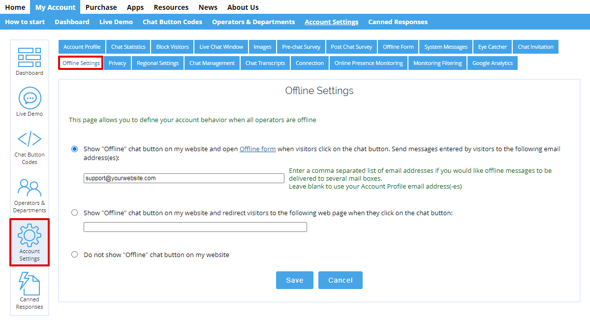 Screenshot of live chat admin panel with offline chat options