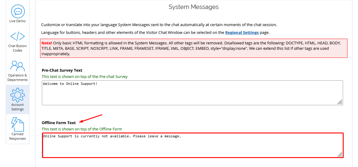 System messages - Offline form text screenshot