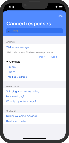 O operador pode filtrar as respostas predefinidas ou usar a funcionalidade de pesquisa para encontrar aquela que precisa Lista de respostas predefinidas no aplicativo de live chat para iOS