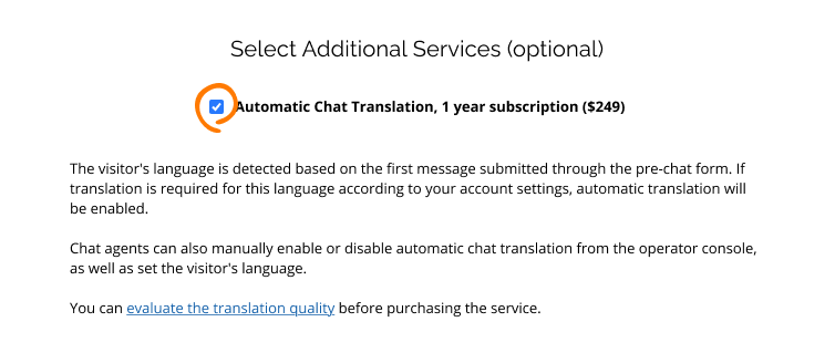 Screenshot of the automatic chat translation item on Purchase page