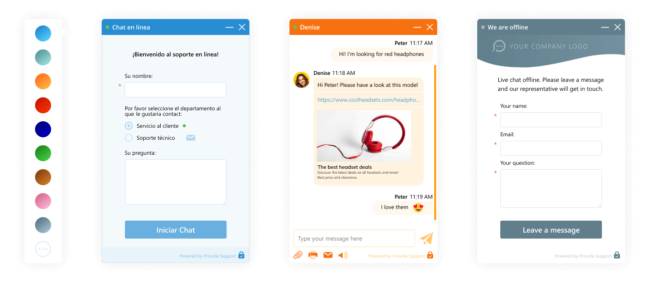 Escolha a cor da janela de chat, idioma, mensagens de configuração e pesquisas Personalizações da janela de live chat