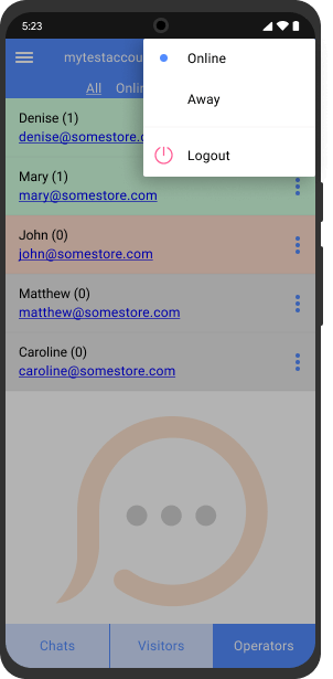 Mude para o modo ausente para se tornar invisível para seus clientes, mas disponível para seus agentes Modo ausente no console de chat para Android