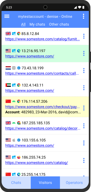 Verifique o número de visitantes do seu site em tempo real Monitoramento de visitantes em tempo real no aplicativo de atendimento para Android