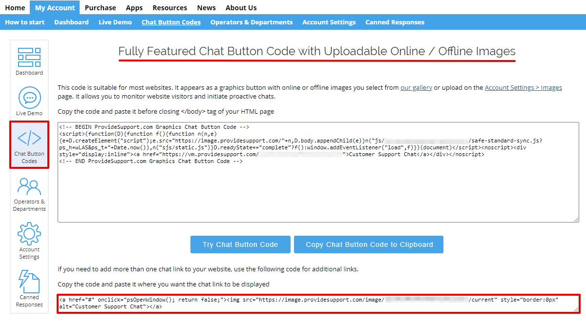 Screenshot of Fully Featured chat button code page