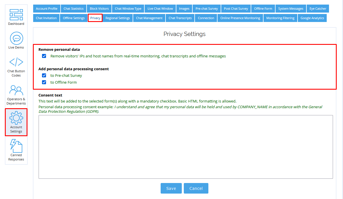 Screenshot of live chat privacy settings