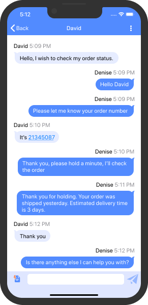 As mensagens do chat incluem nomes e horários Texto do chat no aplicativo para iOS